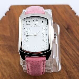 Anne Klein Silver Tone Whimsical Dial Watch Pink Leather Band Twee Barbiecore